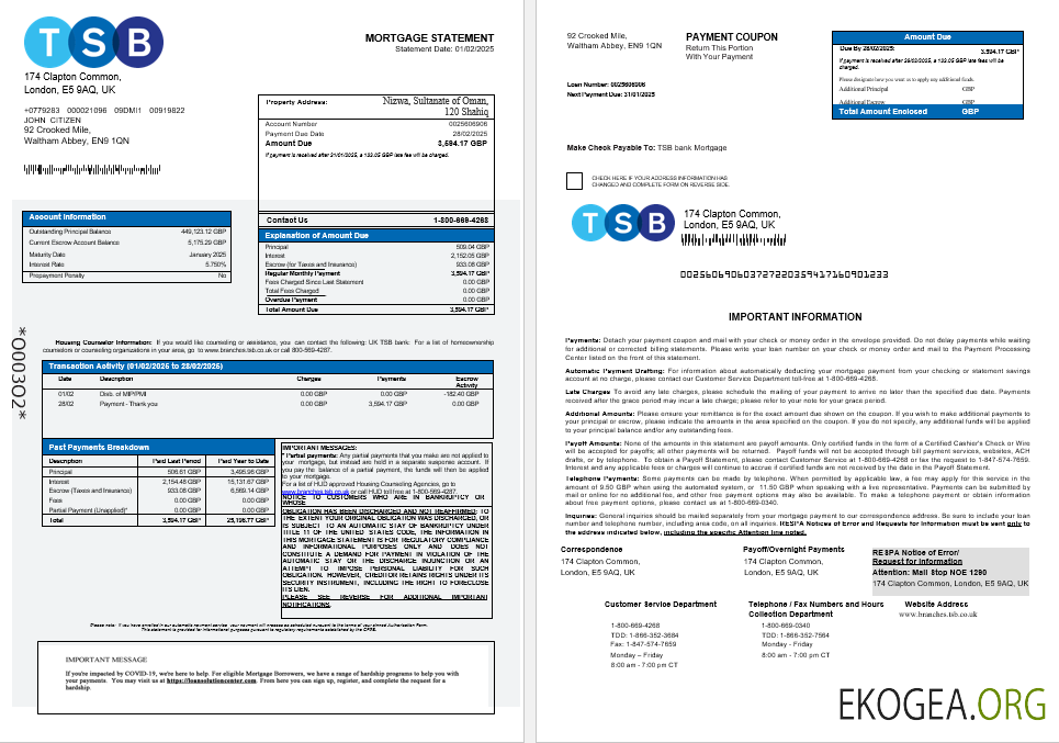 Relevé d'hypothèque bancaire du TSB au Royaume , Uni aux formats Word et PDF 1 , 2
